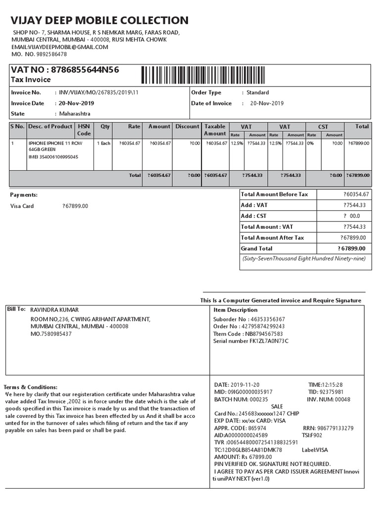 Vijay Redington India PDF Invoice Value Added Tax