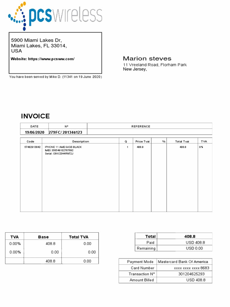 2020 Invoice for iPhone 11 Purchase | PDF