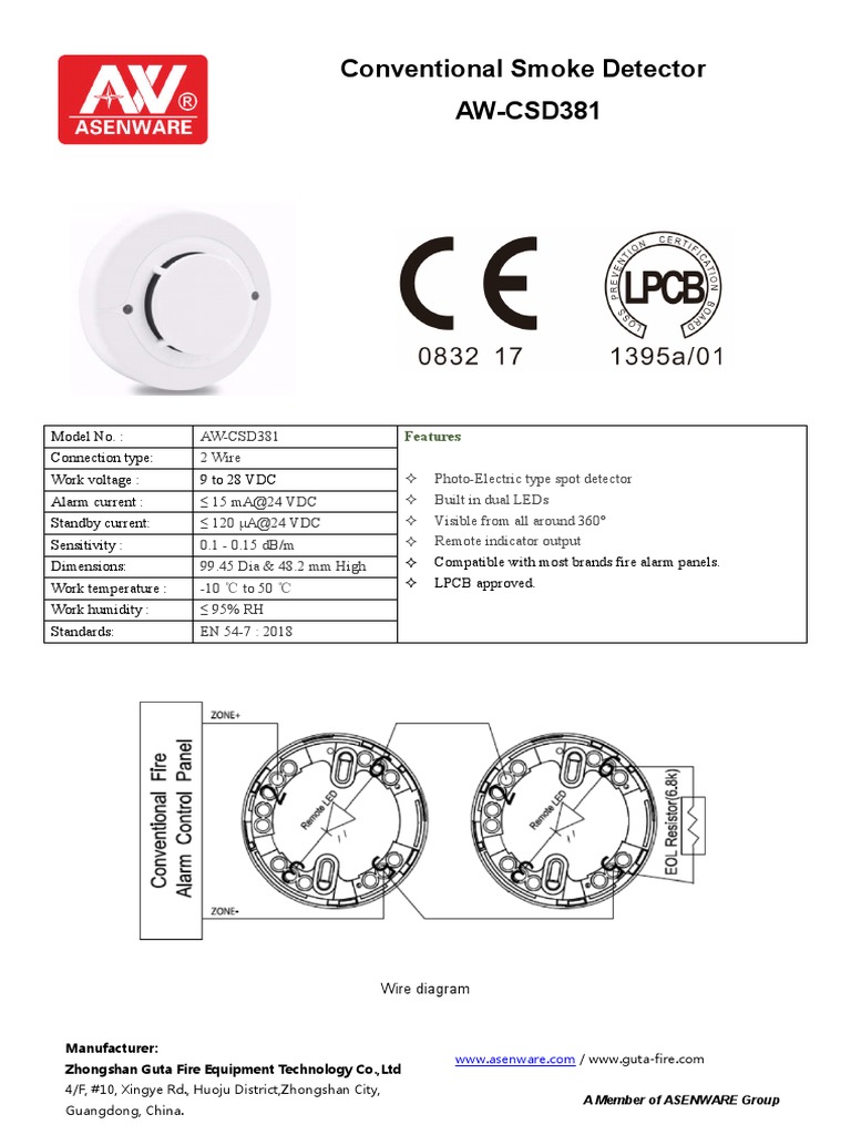 ASENWARE Conventional Smoke Detector AW-CSD381 Ca | PDF