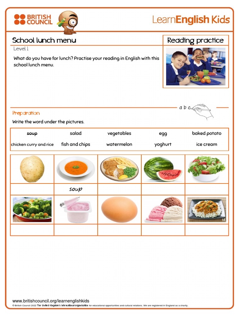 Reading Practice School Lunch Menu Worksheet Pdf Lunch Soup