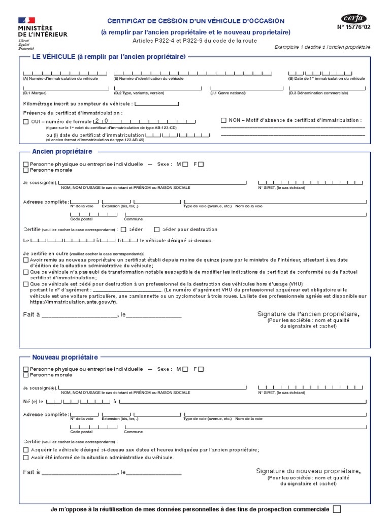 Cerfa 15776 02 Certificat Cession Vehicule Occasion | PDF | Véhicules ...