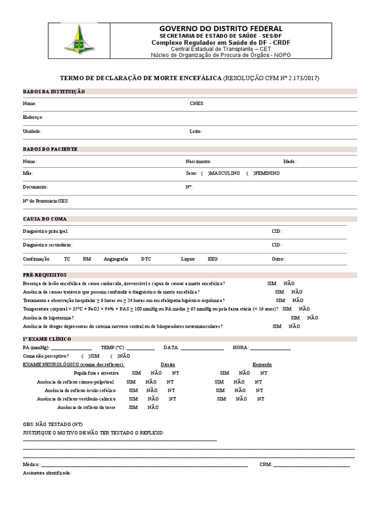 Formulário Morte Encefálica | PDF | Sistema de saúde | Especialidades ...