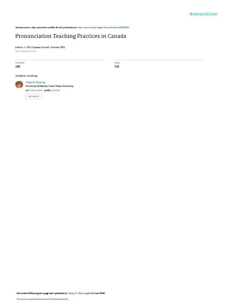 Pronunciation Teaching Practices in Canada PDF English As A Second