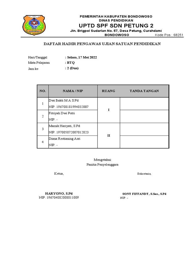 Daftar Hadir Ujian Siswa SD Bondowoso | PDF