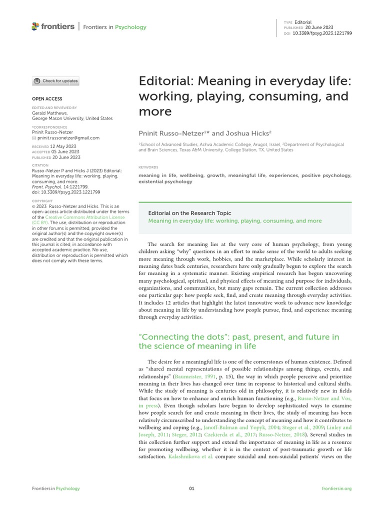 Meaning in Everyday Life | PDF | Well Being | Meaning Of Life
