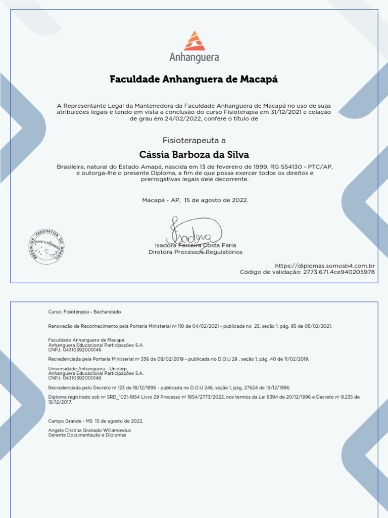Diploma de Fisioterapia Anhanguera | PDF, image size:768x1024