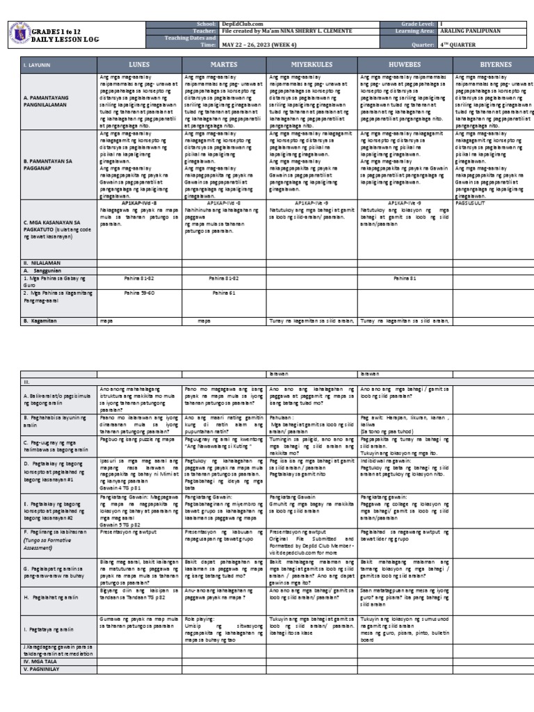DLL - Araling Panlipunan 1 - Q4 - W4 | PDF