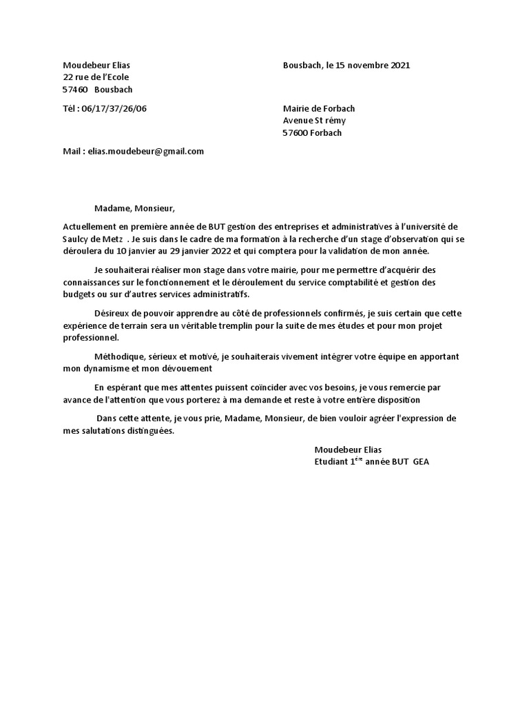 Lettre Motivation Stage BUT GEA Moudebeur Elias PDF — free download