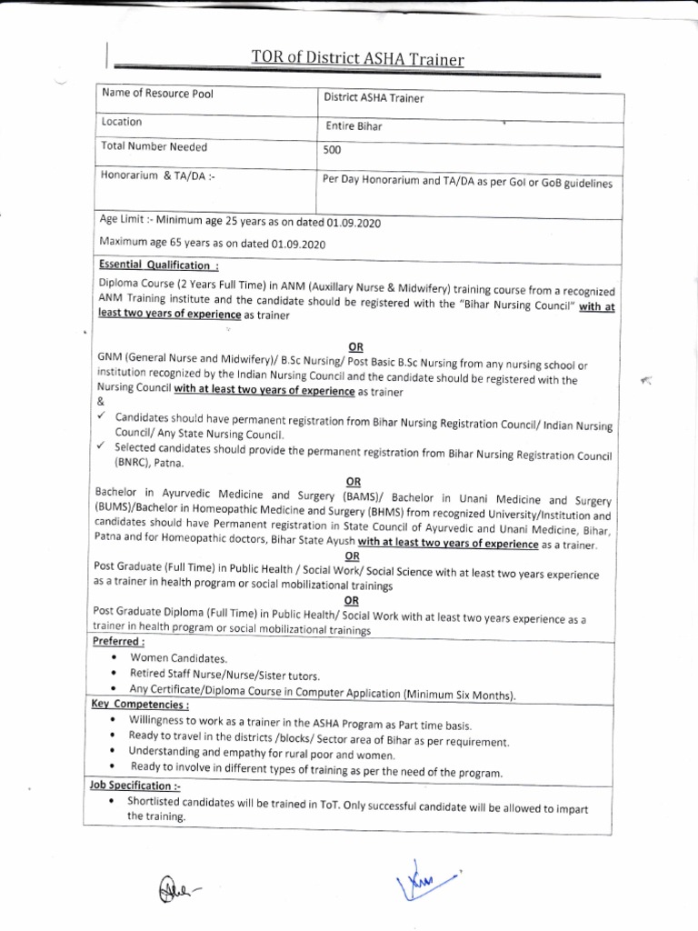 ToR of District ASHA Trainer | PDF | Nursing | Employment