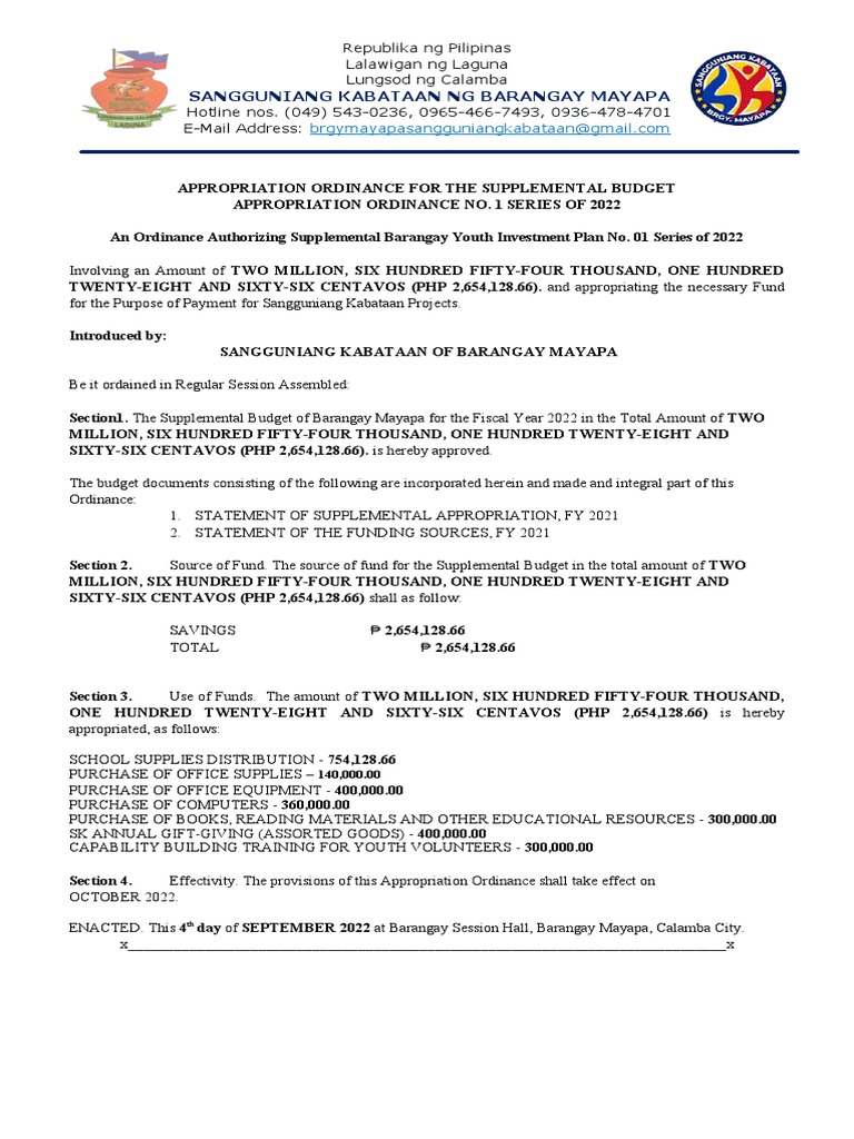 Appropriation ordinance for the supplemental budget pdf philippines