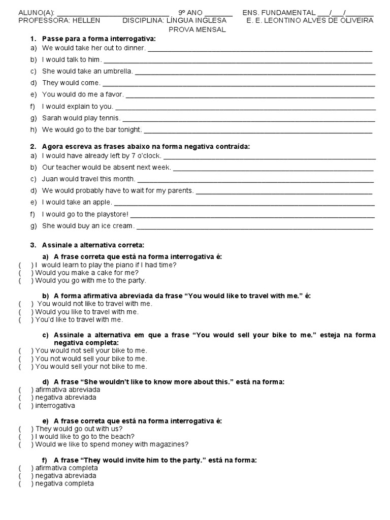 Passe para A Forma Interrogativa | PDF | Meal | Food And Drink