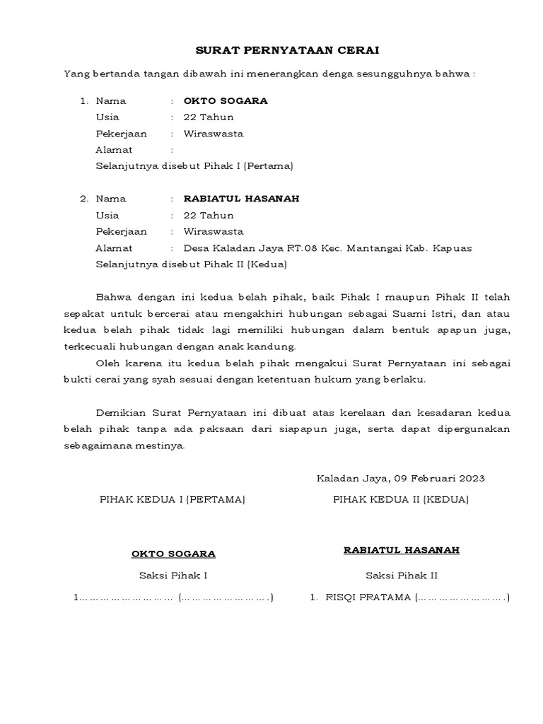 Surat Pernyataan Cerai | PDF