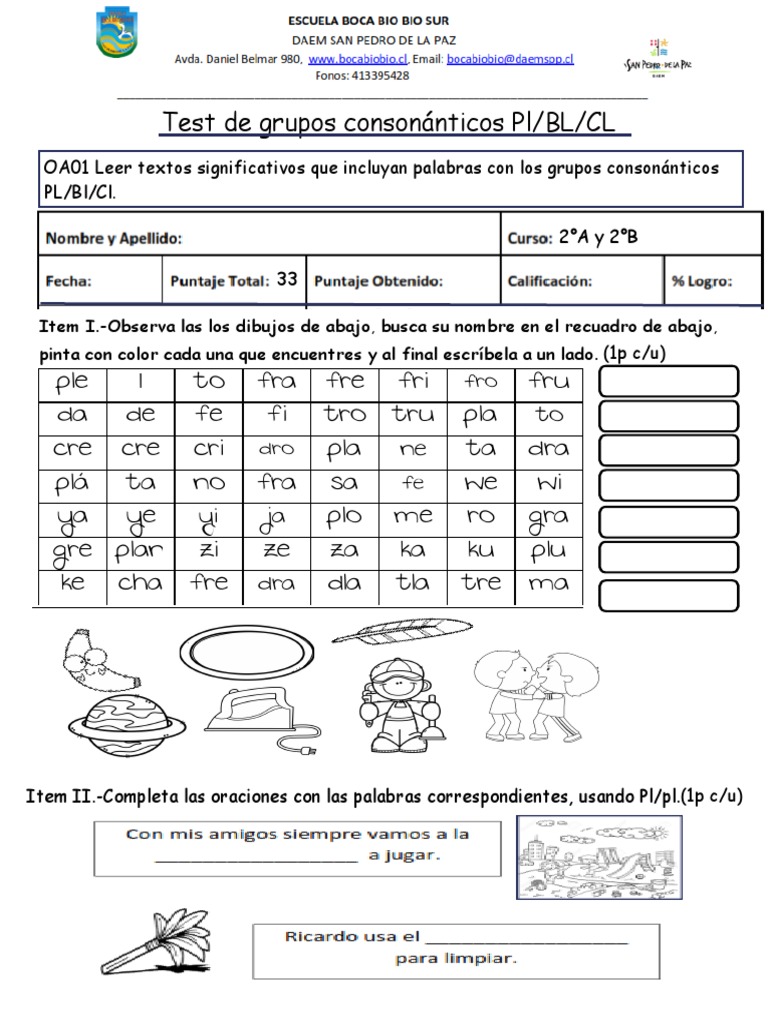 Actividades de Consonantes Pl/Bl/Cl | PDF