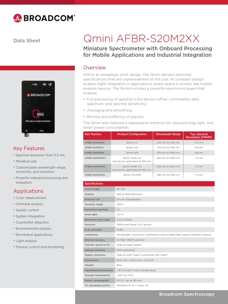 Qmini Spectrometer Data Sheet | PDF | Spectroscopy | Usb