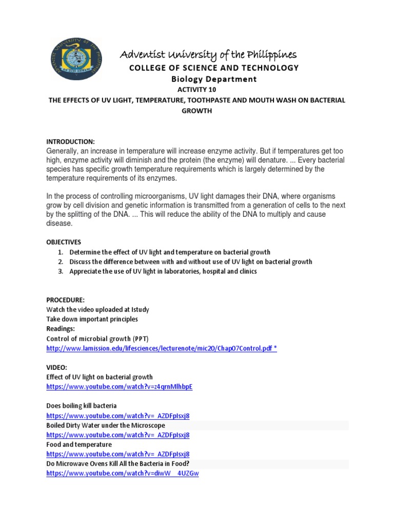 10 Effect of UV Light and Temperature On Bacterial Growth PDF