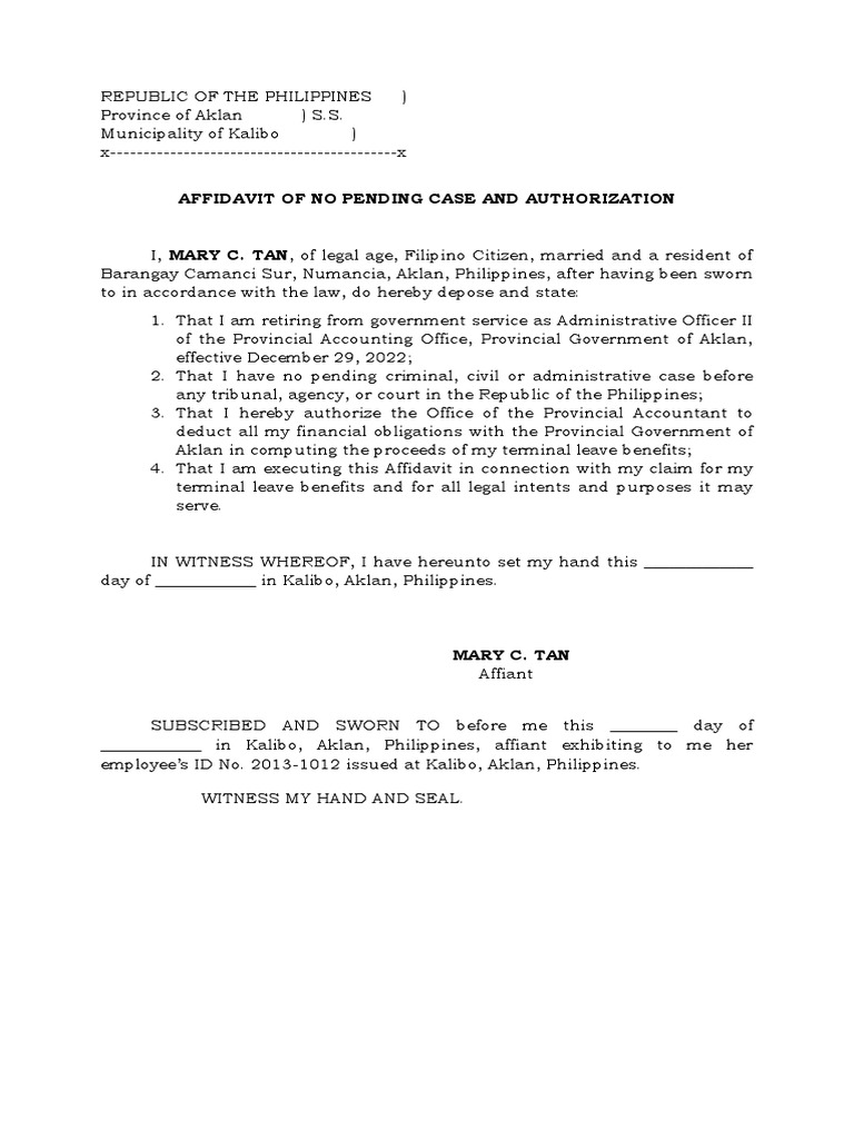Affidavit of No Pending Case PDF
