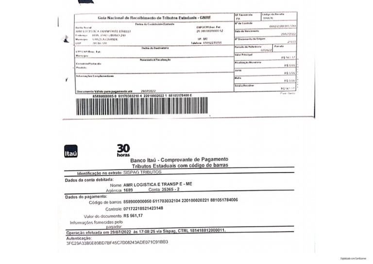 ICMS e Comprovante Cte 15827 PDF