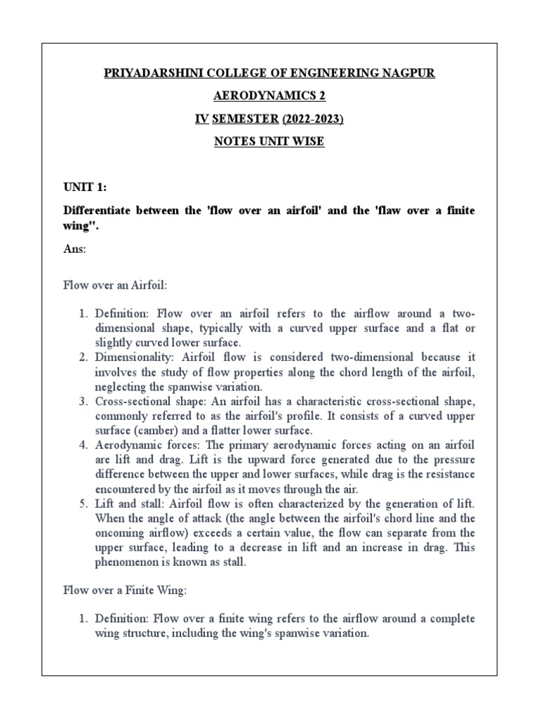 Aerodynamics 2: Unit-Wise Notes | PDF | Lift (Force) | Flap (Aeronautics)