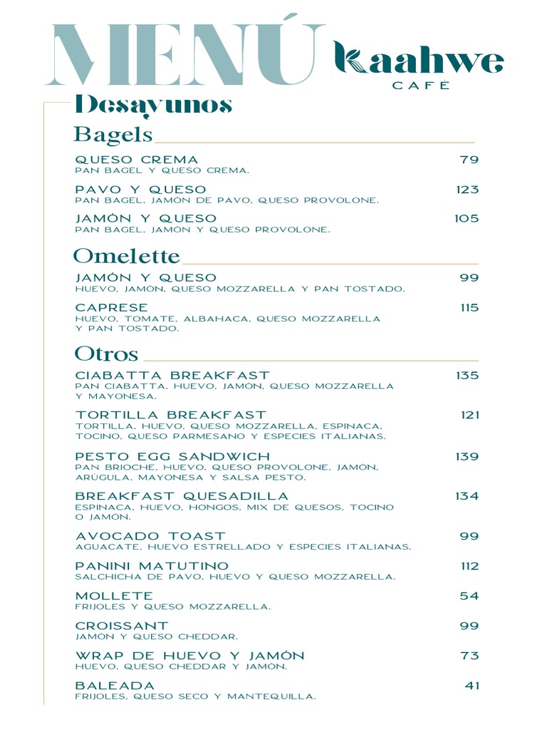 Menú de Kaahwe Café San Pedro Sula | PDF | pesto | Alimentos