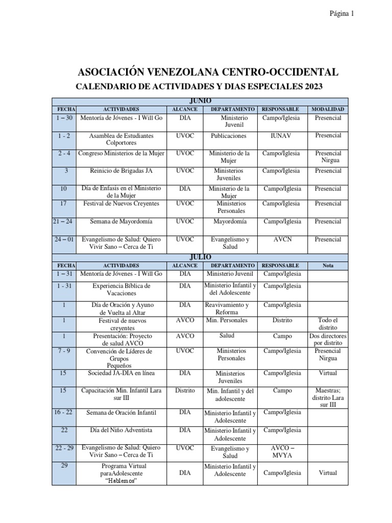 Calendario 20232024 EDITADO UVOC PDF Iglesia Adventista del