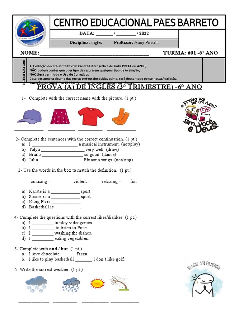 3 Trimestre Prova de Inglês Fund | PDF