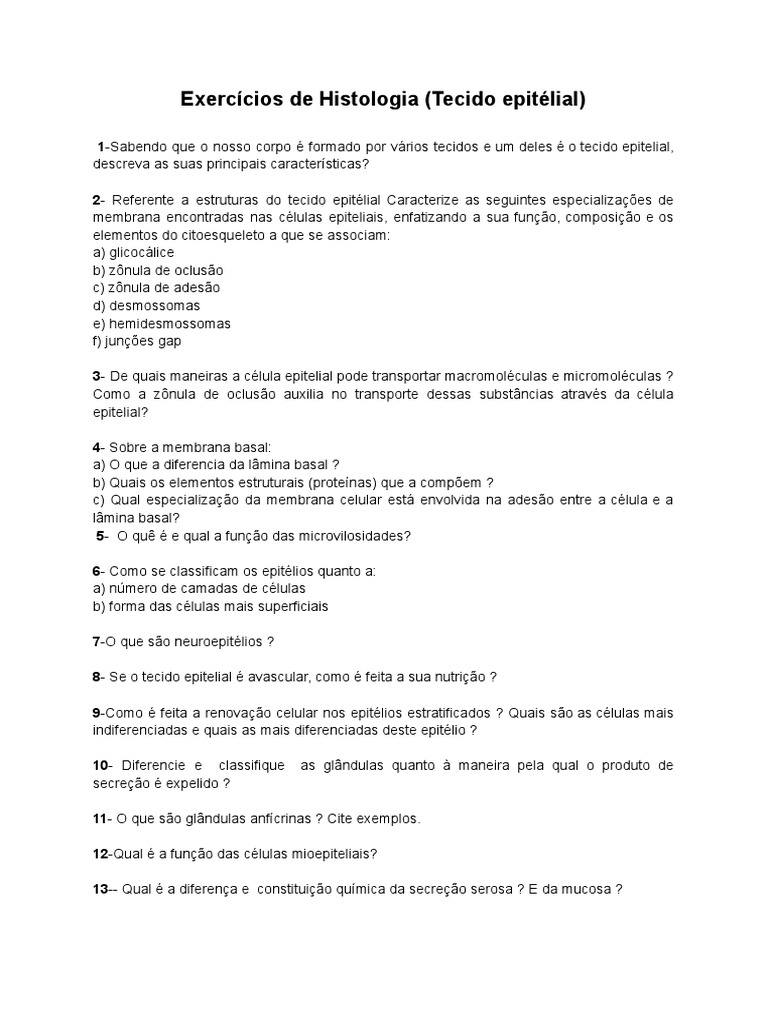 Exercícios sobre Tecido Epitelial | PDF