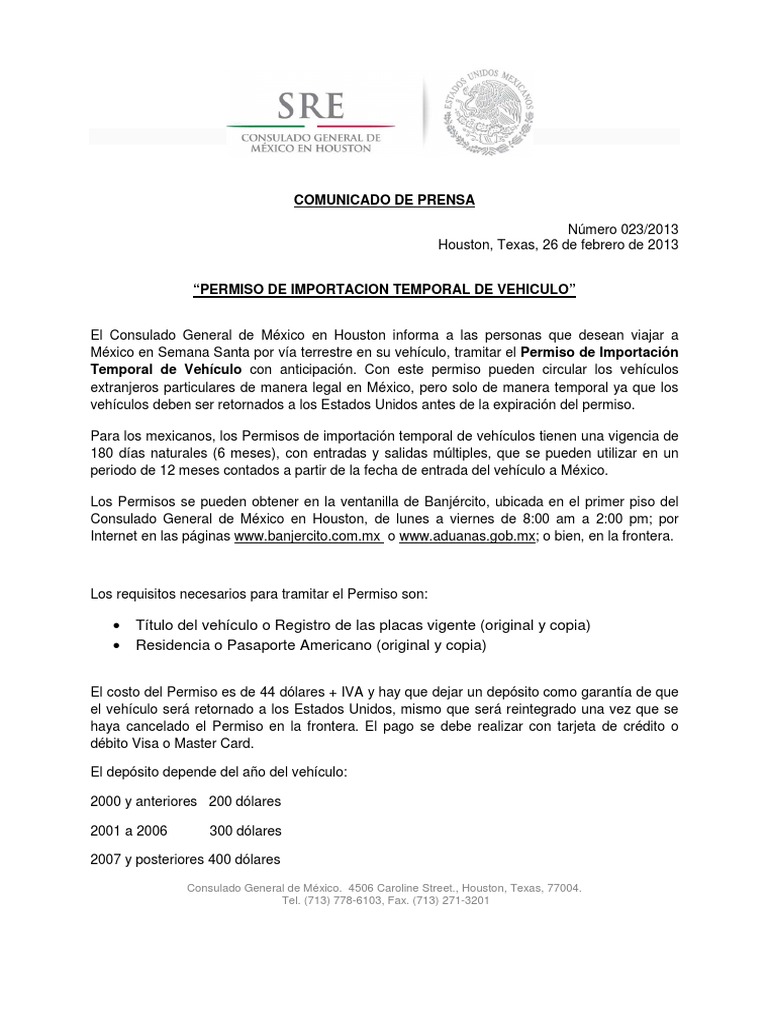Comunicado de Prensa 23 Permiso de Importacion Temporal de Vehiculo ...