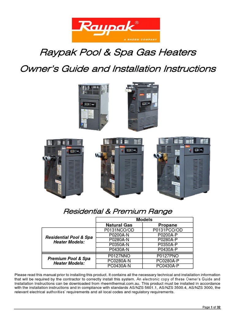 Raypak Pool Spa Gas Heaters Manual Original PDF Chimney Propane