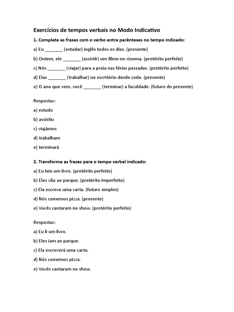 Exercícios de Tempos Verbais No Modo Indicativo | PDF | Conjugação ...
