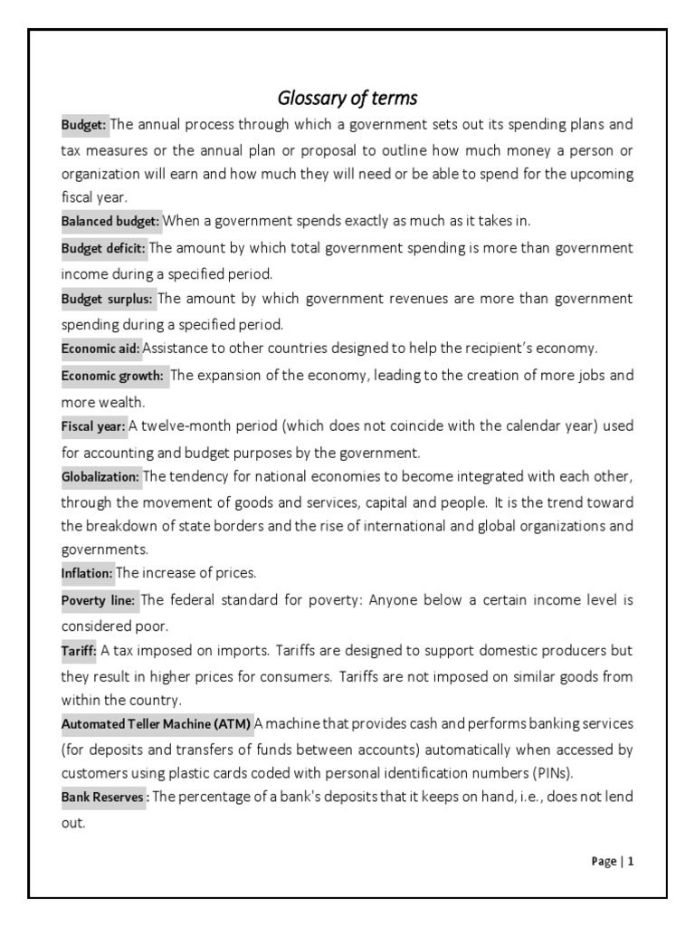 Glossary of Terms PDF Banks Money