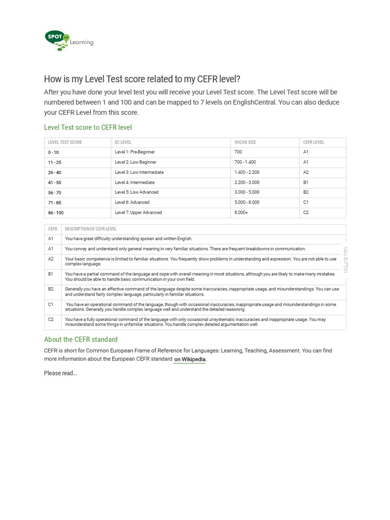 CEFR Level Mapping from Test Scores | PDF | Cognitive Science | Human ...
