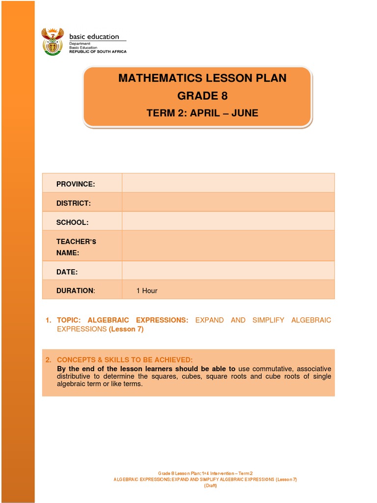 Algebraic Expressions Term 2 Lesson 7 Grade 8 Pdf Numbers Learning