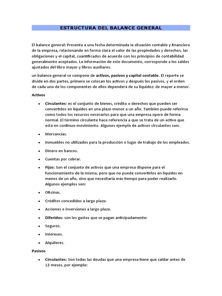 Estructura Del Balance General | PDF | Contabilidad | Hoja de balance