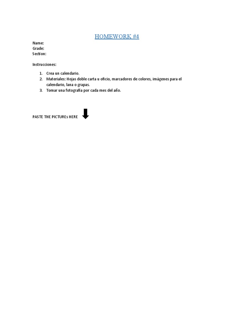 Kindergarten Homework Calendar Pdf