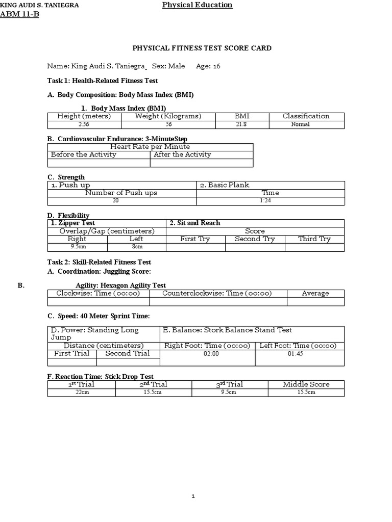 PHYSICALFITNESSTESTSCORECARD PDF Body Mass Index Physical Fitness