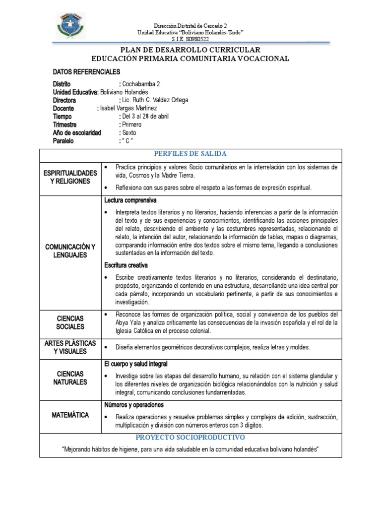 Plan de Desarrollo Curricular Primaria | PDF | Comprensión lectora ...