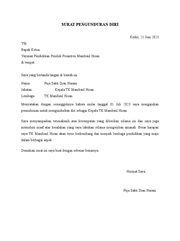 SURAT PENGUNDURAN DIRI | PDF