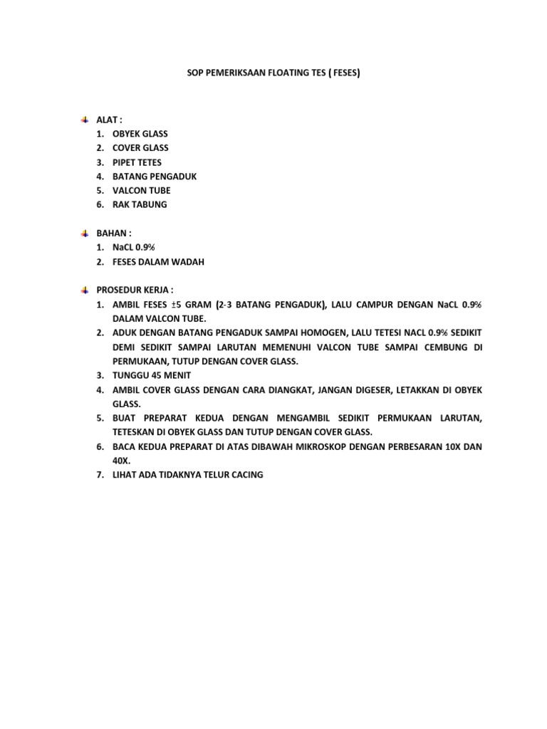 SOP Pemeriksaan Floating Test Feses | PDF | Teknologi & Rekayasa