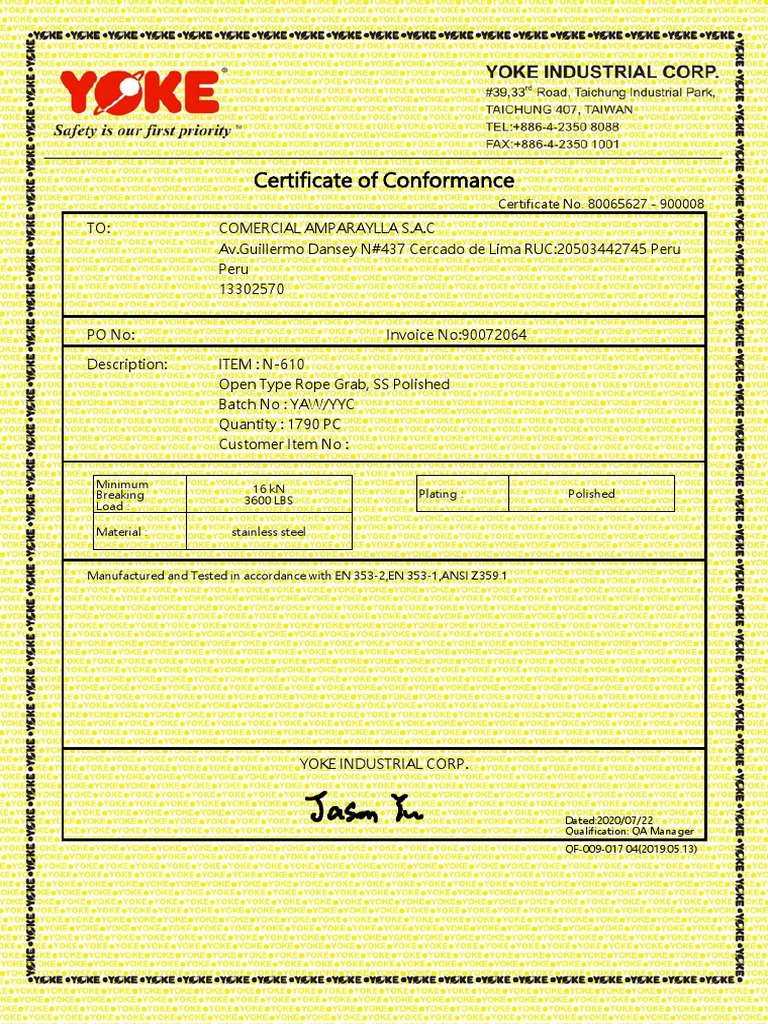 Certificate of Conformance for Rope Grab | PDF