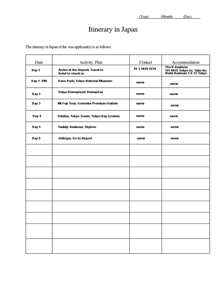 Japan Itinerary Form for Visa Applicants | PDF