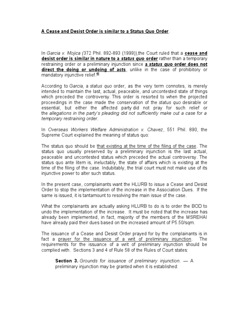 A Cease and Desist Order Is Similar To A Status Quo Order | PDF ...