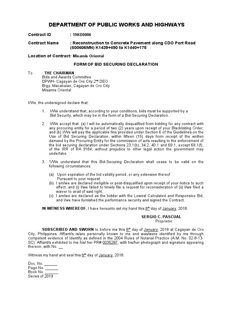 Bid Securing Declaration Form Sample | PDF | Government | Justice