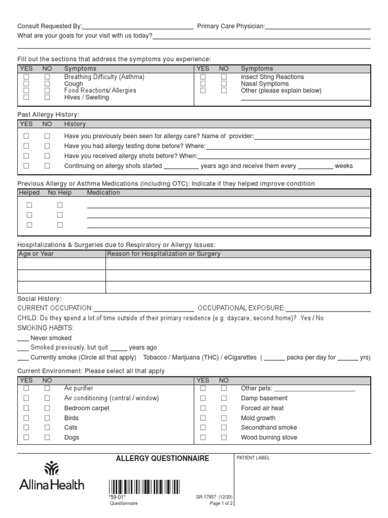 Allina Health Allergy Questionnaire PDF Allergy Asthma