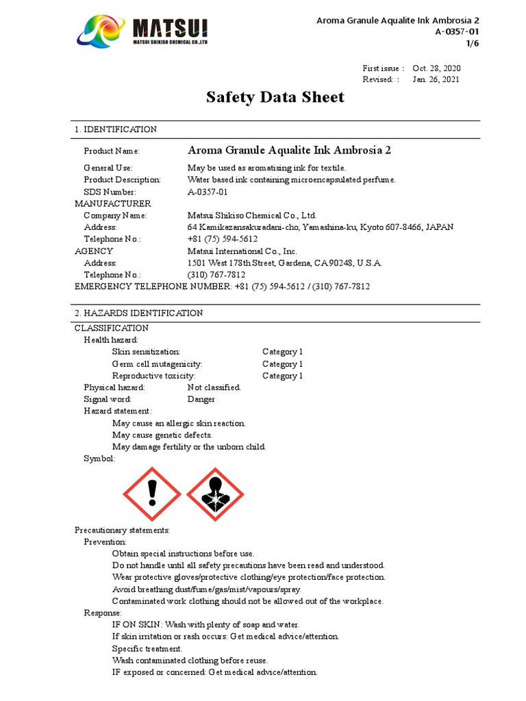 Aqualite Ink Ambrosia Safety Data Sheet | PDF | Dangerous Goods ...