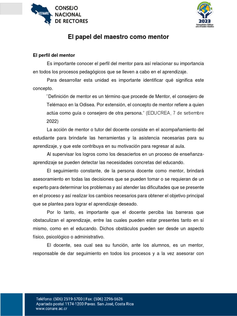 Lectura 1 El Papel Del Maestro Como Mentor Pdf Enseñando Maestros