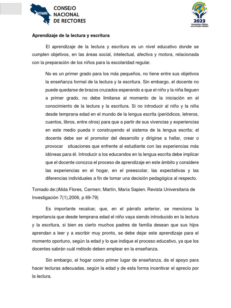 Lectura 4 Aprendizaje de La Lectura y Escritura | PDF | Educación de la ...