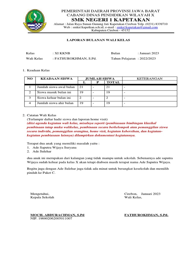 Laporan Bulanan Wali Kelas XI KKNB | PDF