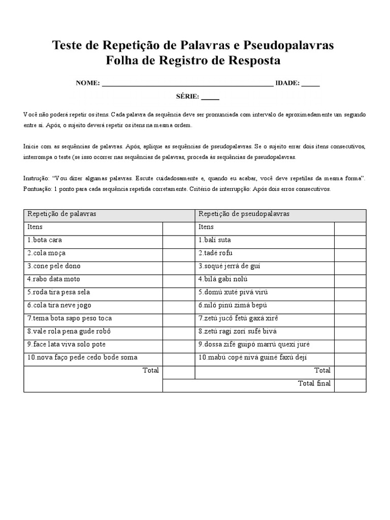 Teste de Repetição: Palavras e Pseudopalavras | PDF