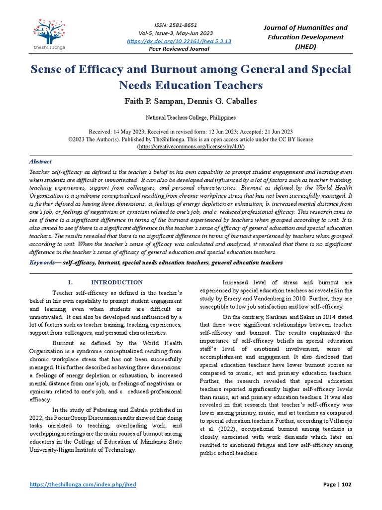 Sense of Efficacy and Burnout Among General and Special Needs Education ...