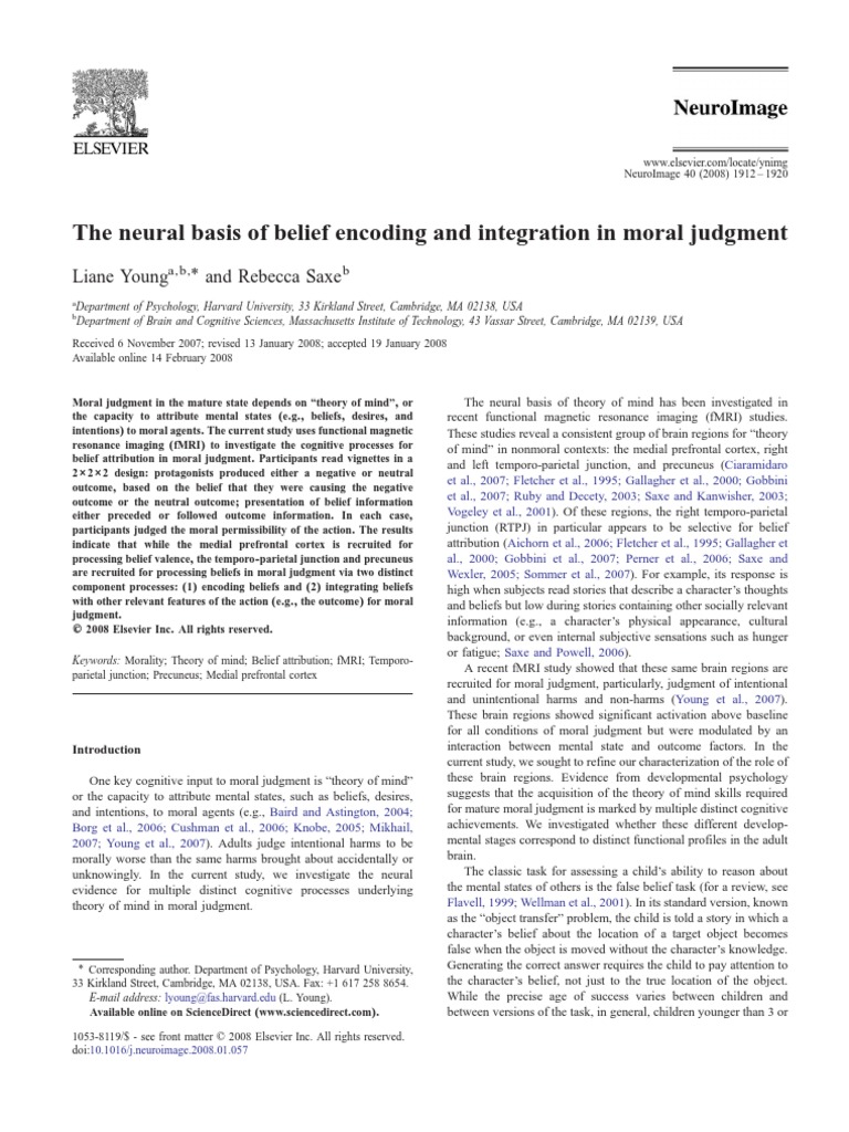 Neural Basis of Belief in Moral Judgment | PDF | Theory Of Mind | Mind